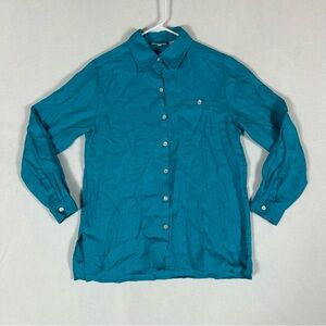 Chicos Design Linen Button Up Women’s 0 S Small Blue Vintage Collared Relaxed